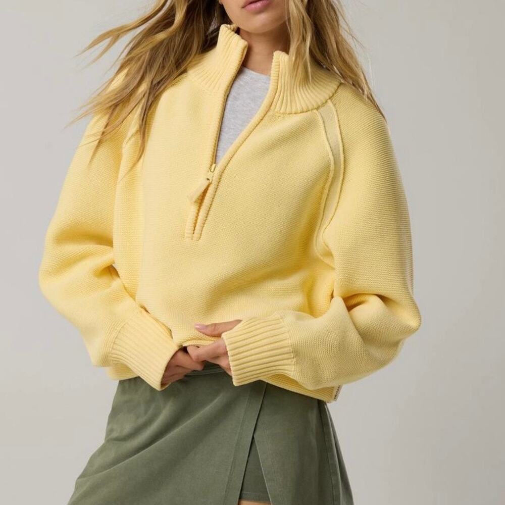 NEW Offline By Aerie Butter Yellow Notes Cool Down Quarter Zip Oversized Sweater